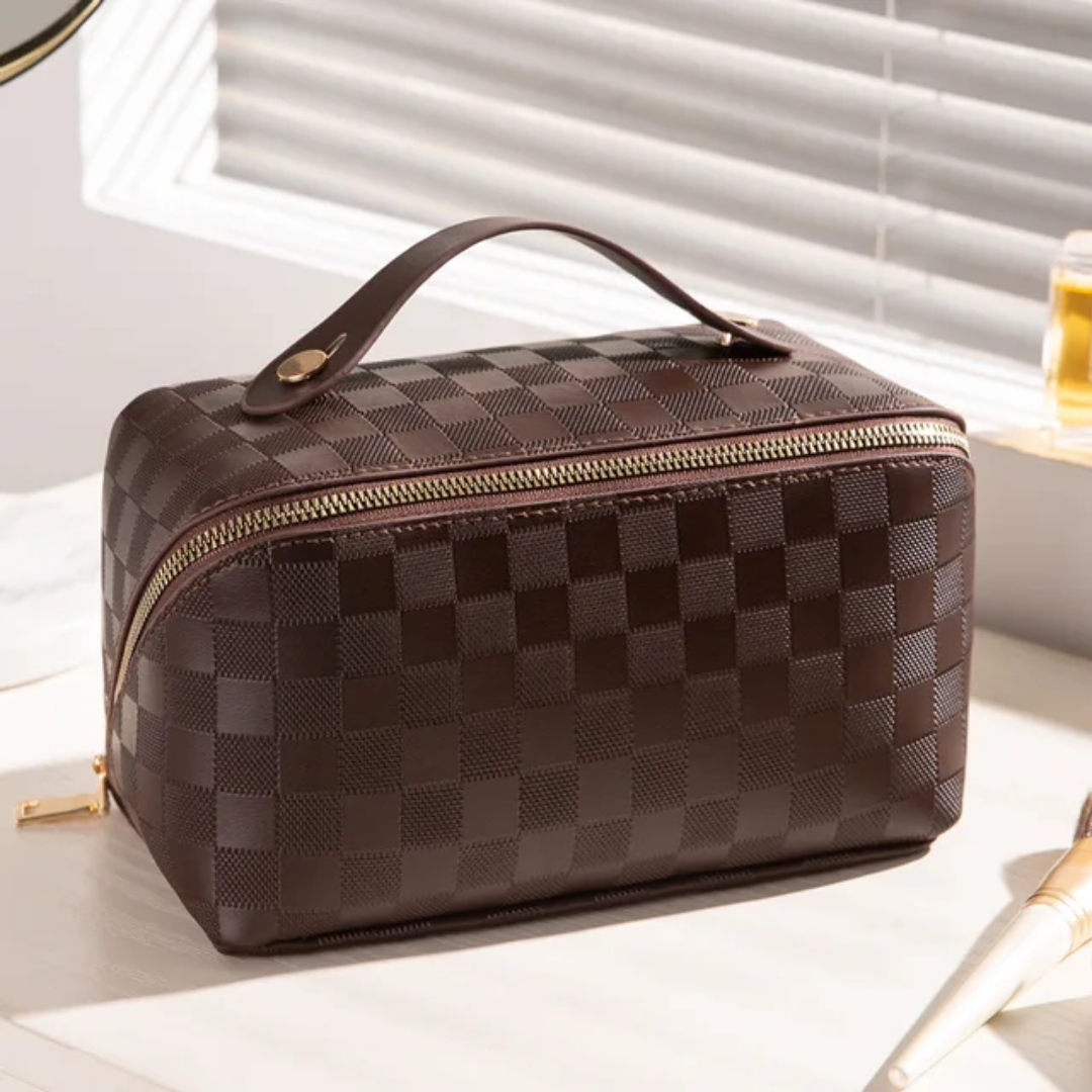 Organize & Travel in Style: Brown Checkered Cosmetic Bag