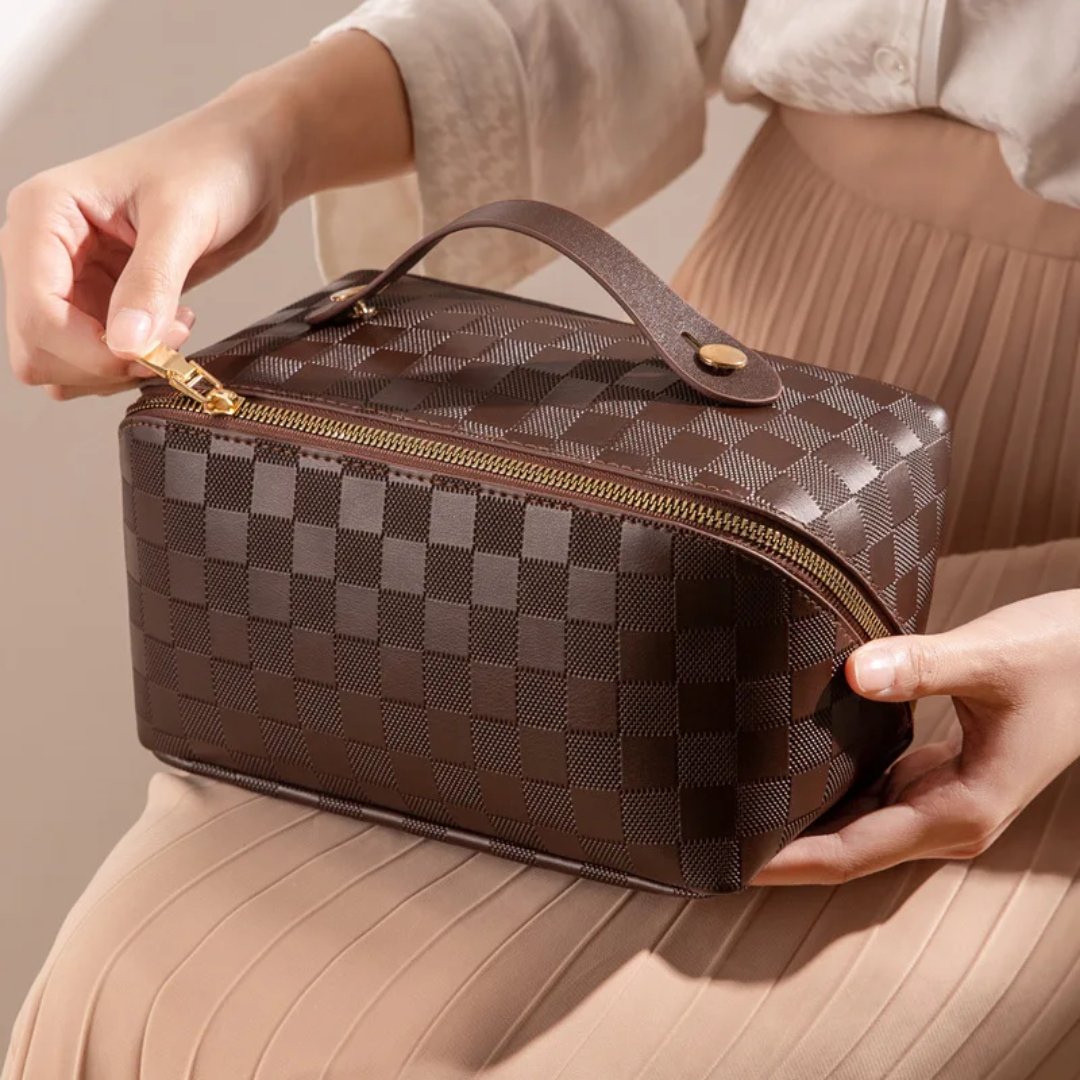 Organize & Travel in Style: Brown Checkered Cosmetic Bag
