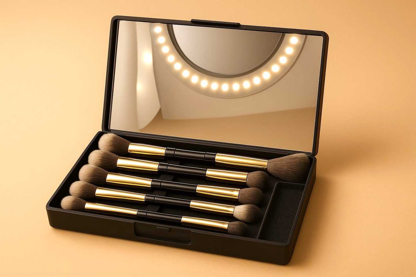 Women's Luxury Gold Makeup Brushes for Face, Eye & Lip | 5pcs Double-Ended Makeup Brush Set with Mirror | Portable Beauty Brush Kit by TBT