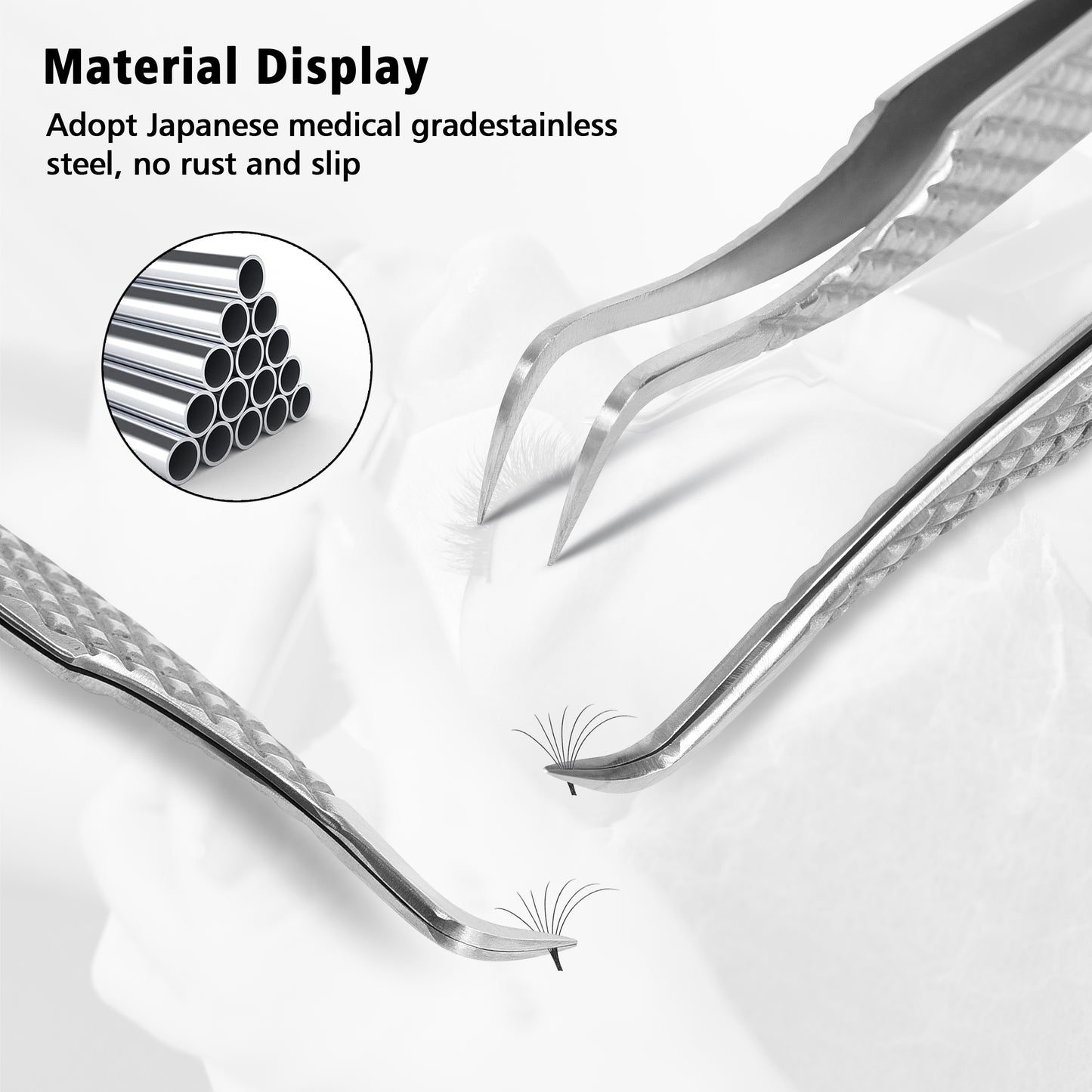Ergonomic Diamond Grip Curved Tip Lash Tweezers - Stainless Steel - 12cm
