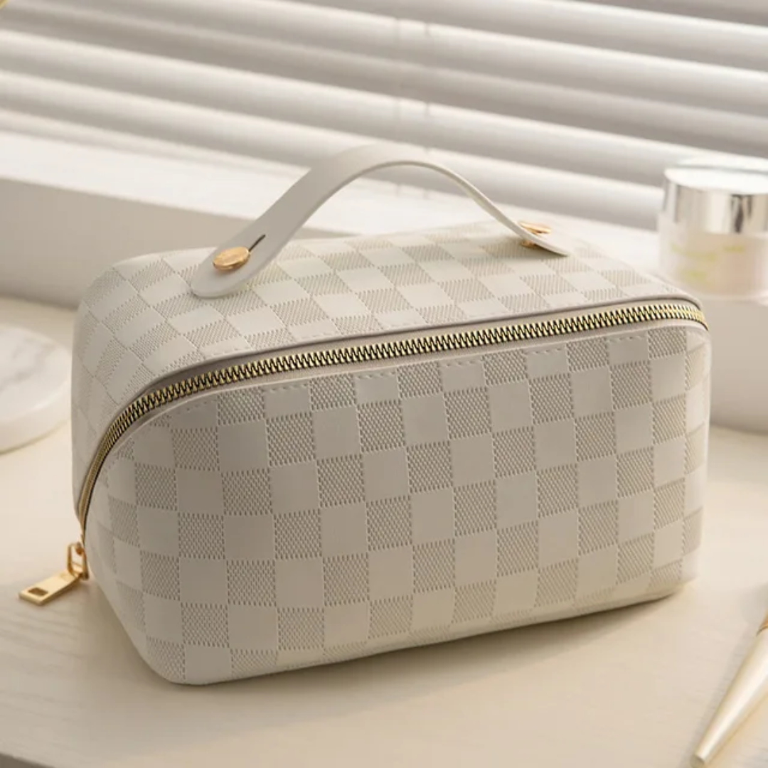Premium White Vegan Leather Checkered Beauty Case | Portable Makeup & Toiletry Bag