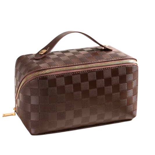 Organize & Travel in Style: Brown Checkered Cosmetic Bag
