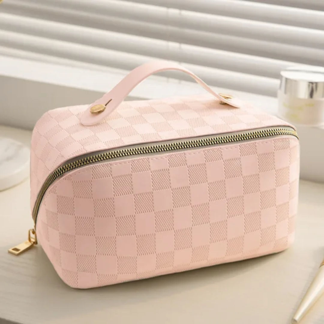 Chic Pink Checkered Beauty Pouch | Designer-Inspired Cosmetic Bag