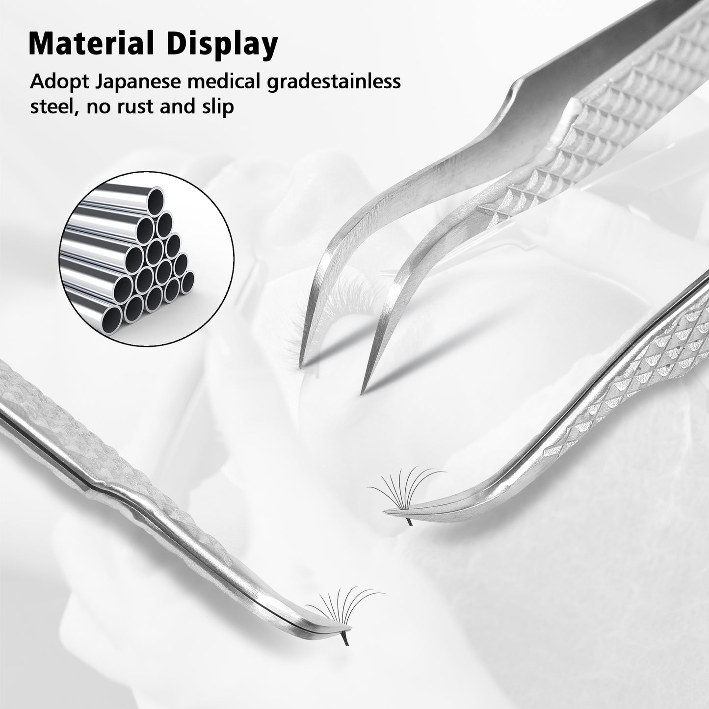 Japanese Stainless Steel Curved Volume Eyelash Extension Tweezers - Diamond Grip Non-Slip Design