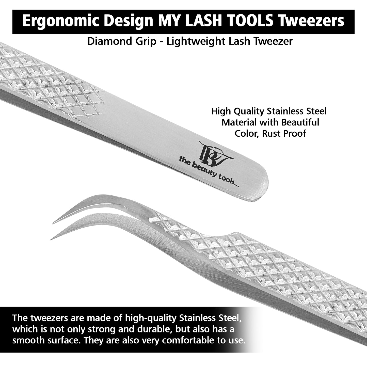 Japanese Stainless Steel Curved Volume Eyelash Extension Tweezers - Diamond Grip Non-Slip Design
