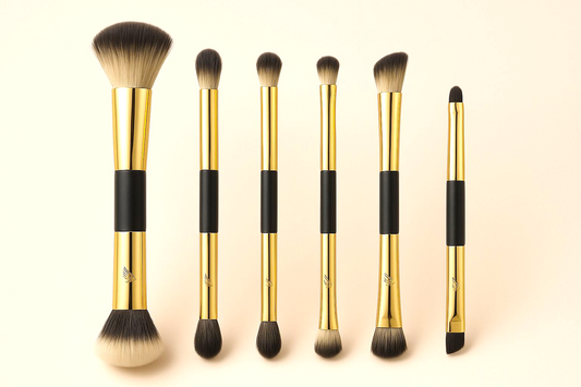 Women's Luxury Gold Makeup Brushes for Face, Eye & Lip | 5pcs Double-Ended Makeup Brush Set with Mirror | Portable Beauty Brush Kit by TBT