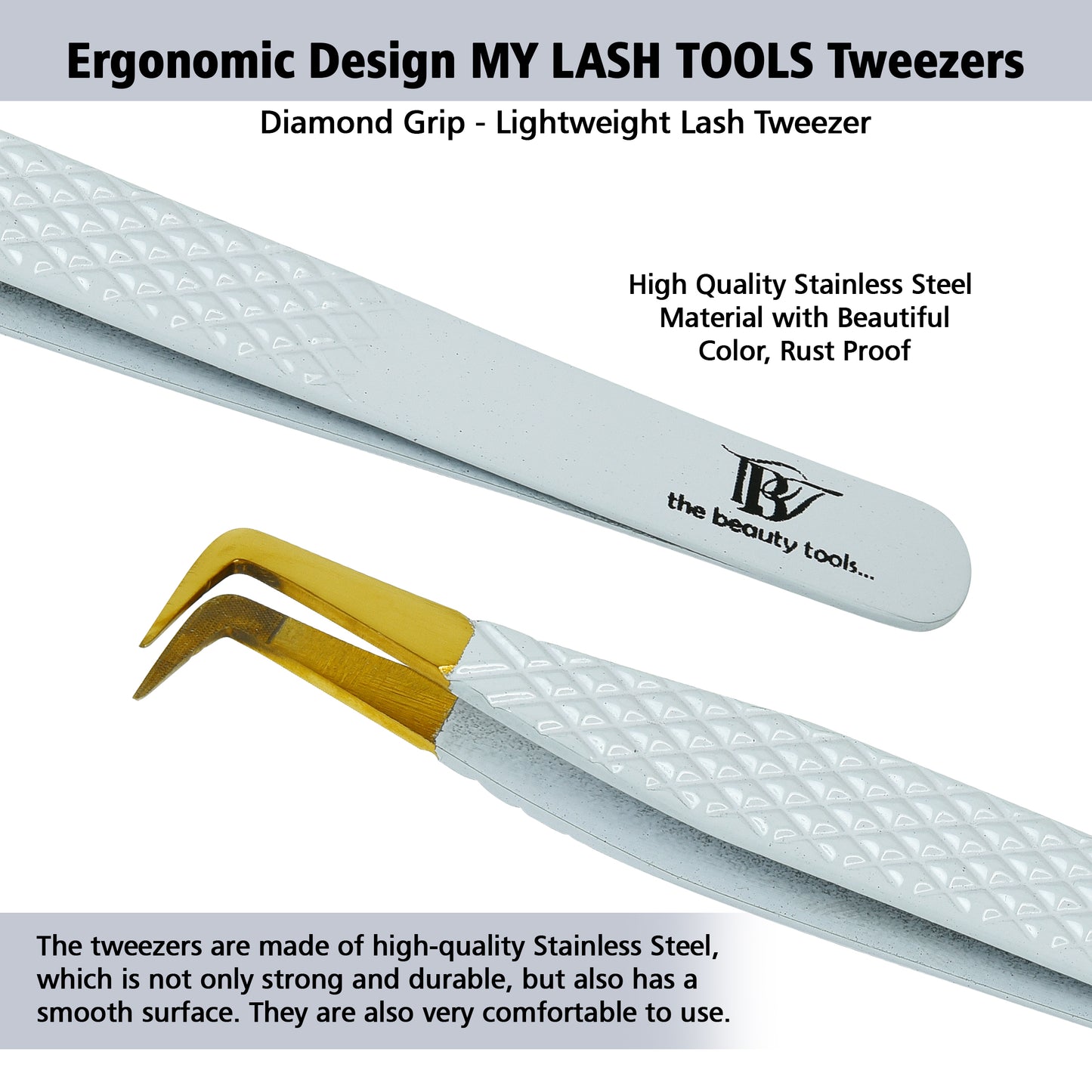 White & Gold Eyelash Extension Tweezers L - Shaped 12cm