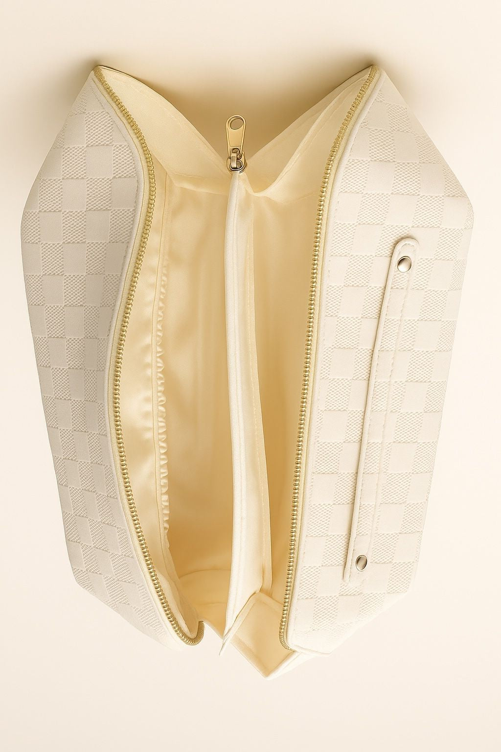 Premium White Vegan Leather Checkered Beauty Case | Portable Makeup & Toiletry Bag