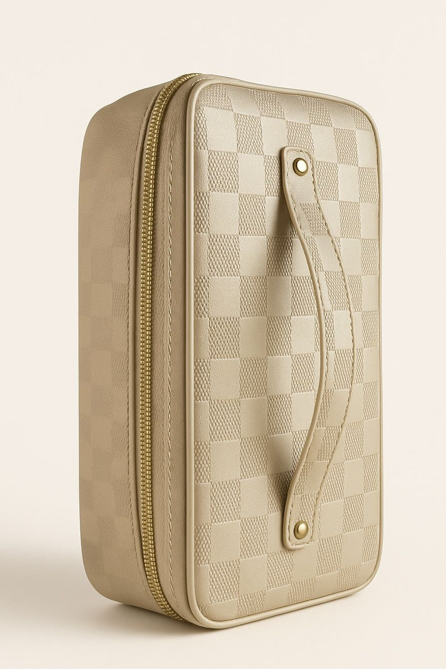Premium White Vegan Leather Checkered Beauty Case | Portable Makeup & Toiletry Bag