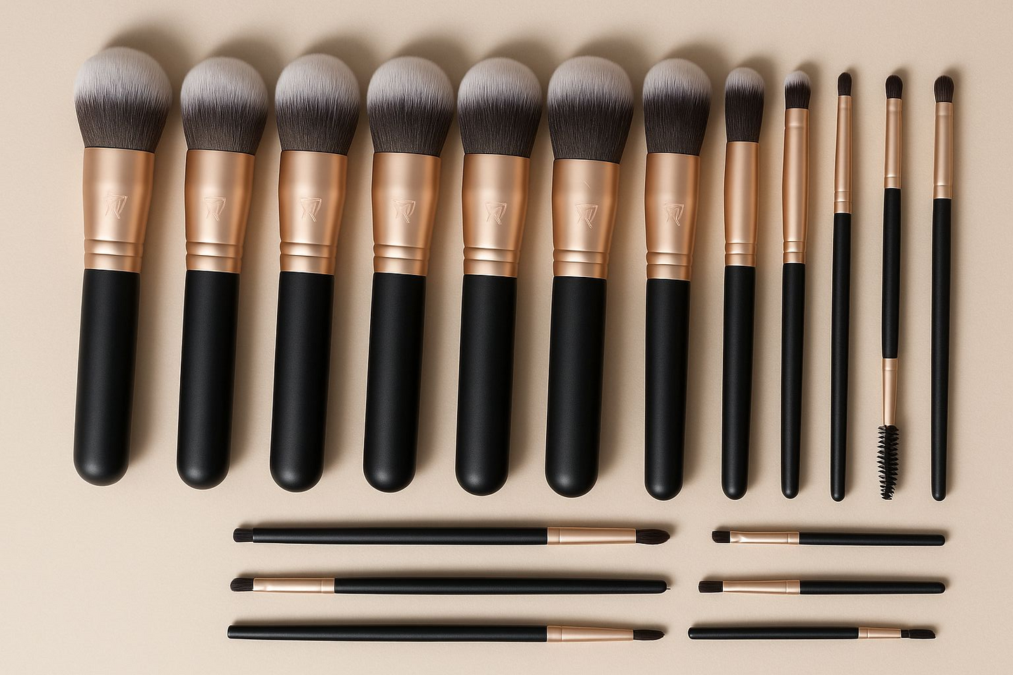 Set of makeup brushes with black and rose gold handles on a beige background