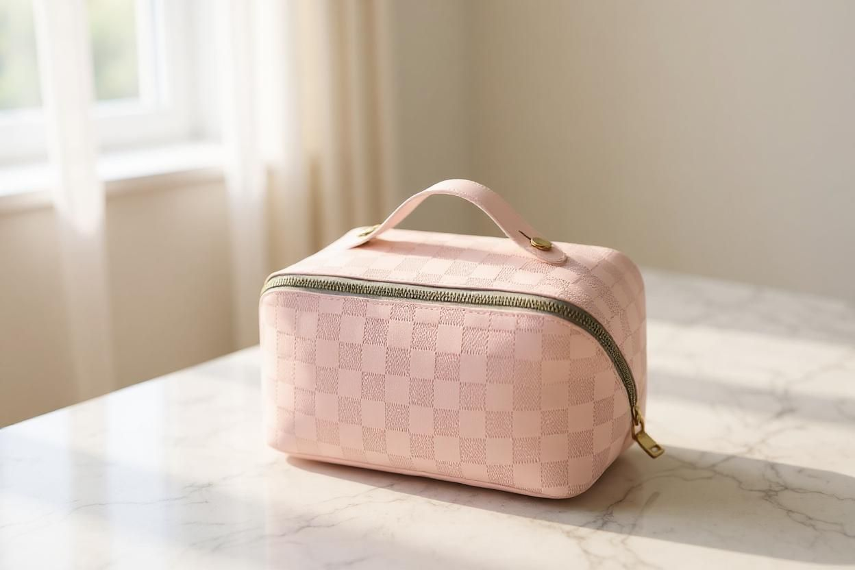 Chic Pink Checkered Beauty Pouch | Designer-Inspired Cosmetic Bag