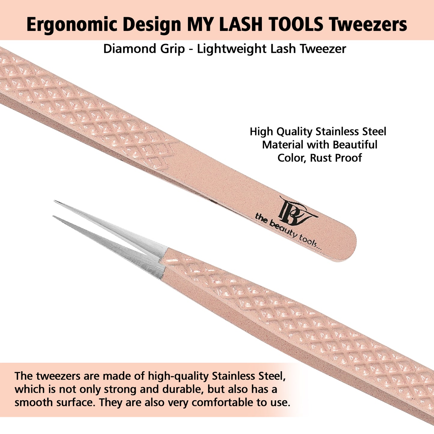 Rose Gold Diamond Grip Eyelash Extension Tweezers - Non-Slip, Lightweight, Volume Isolation