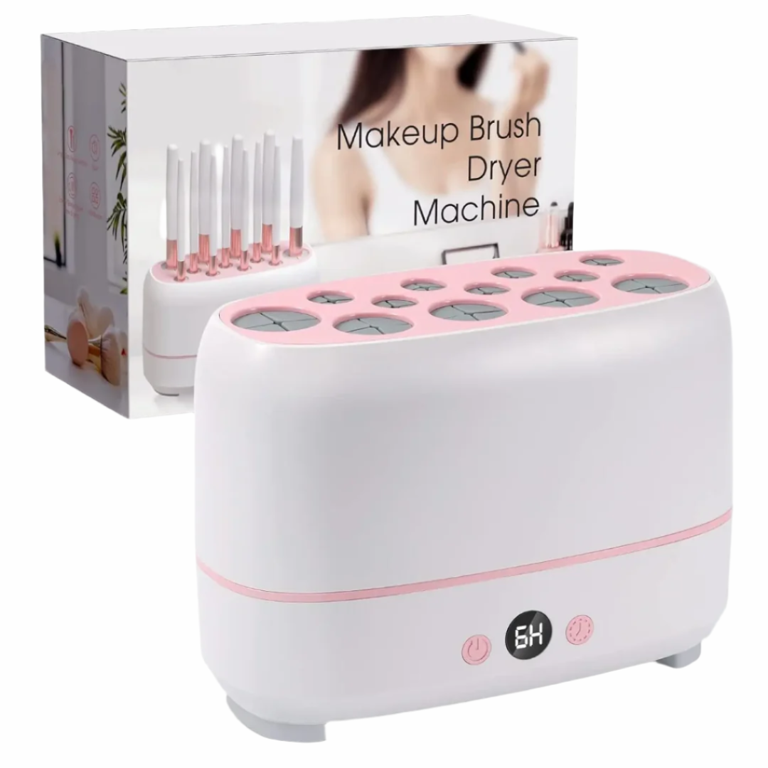 Makeup brush dryer machine with pink accents 
